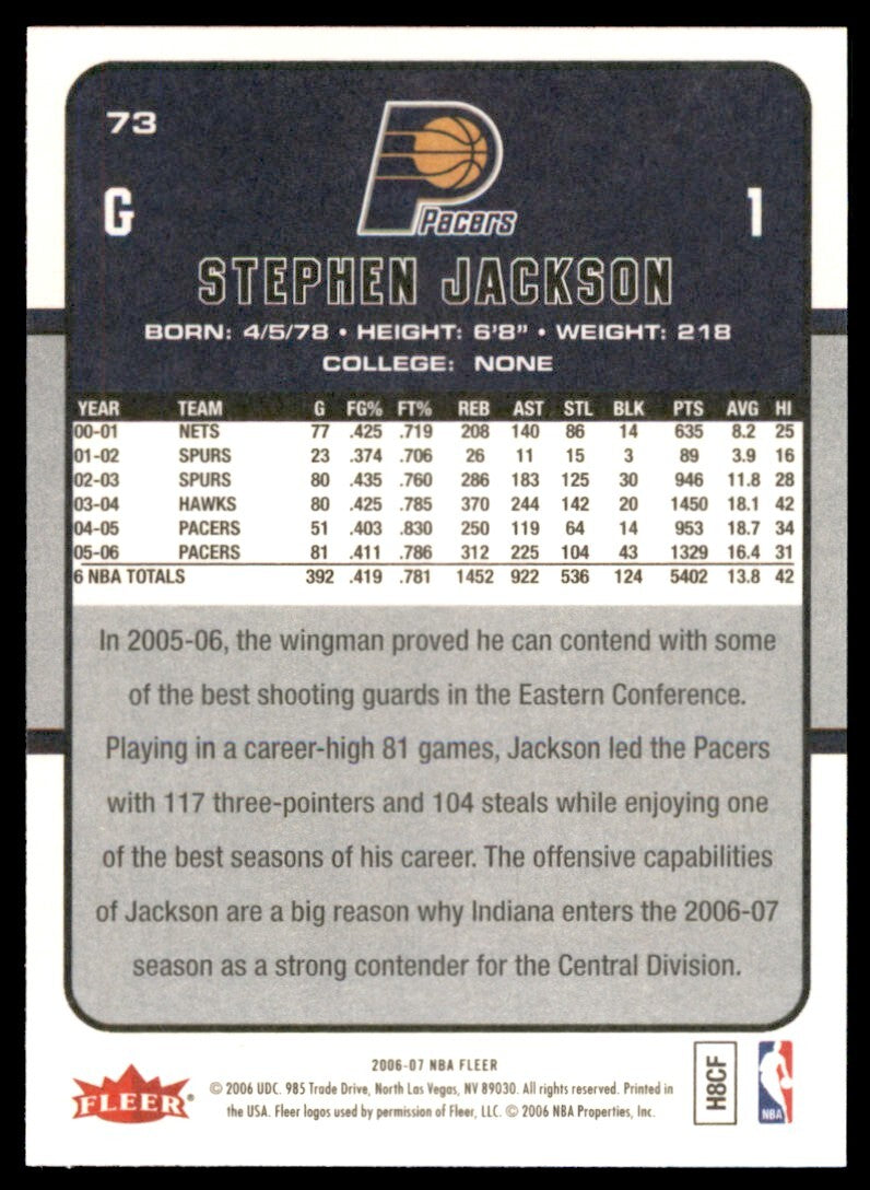 2006-07 Fleer Stephen Jackson . Indiana Pacers #73
