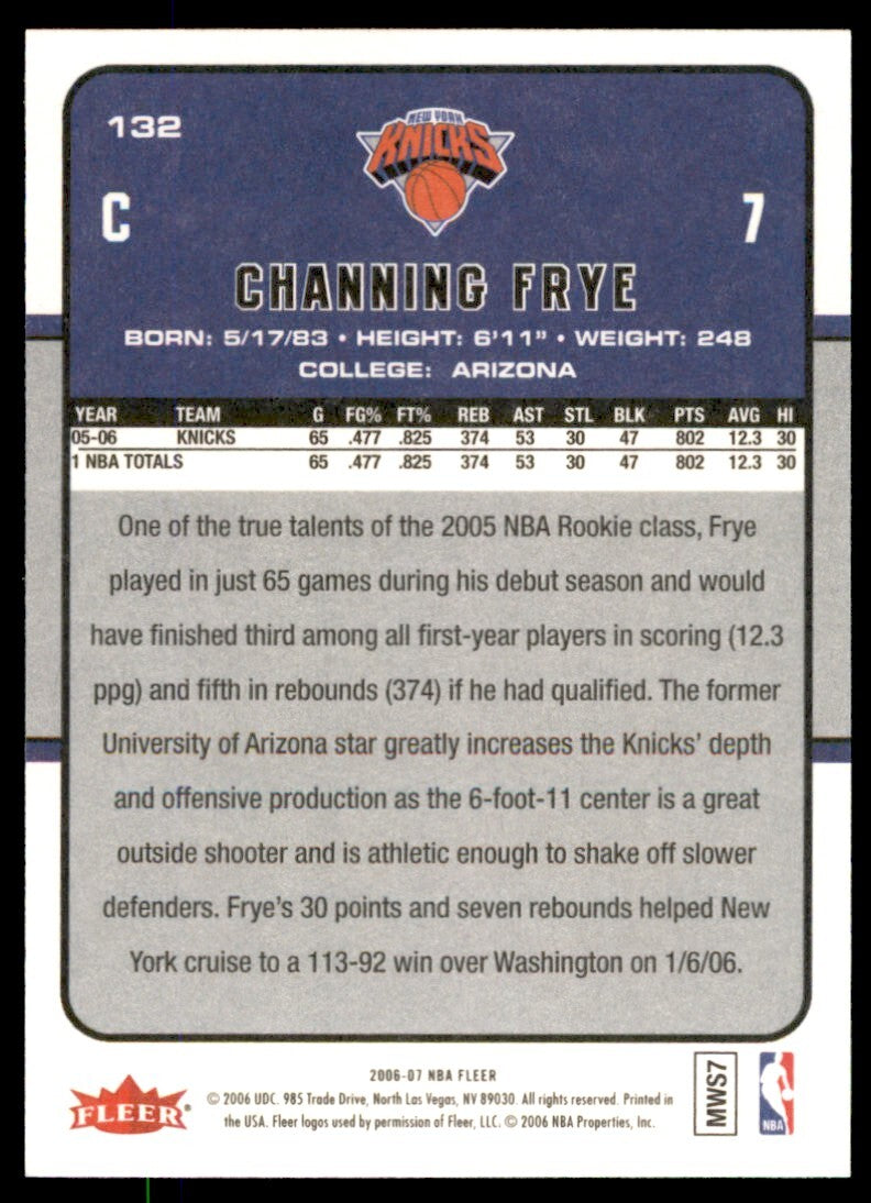2006-07 Fleer Channing Frye . New York Knicks #132
