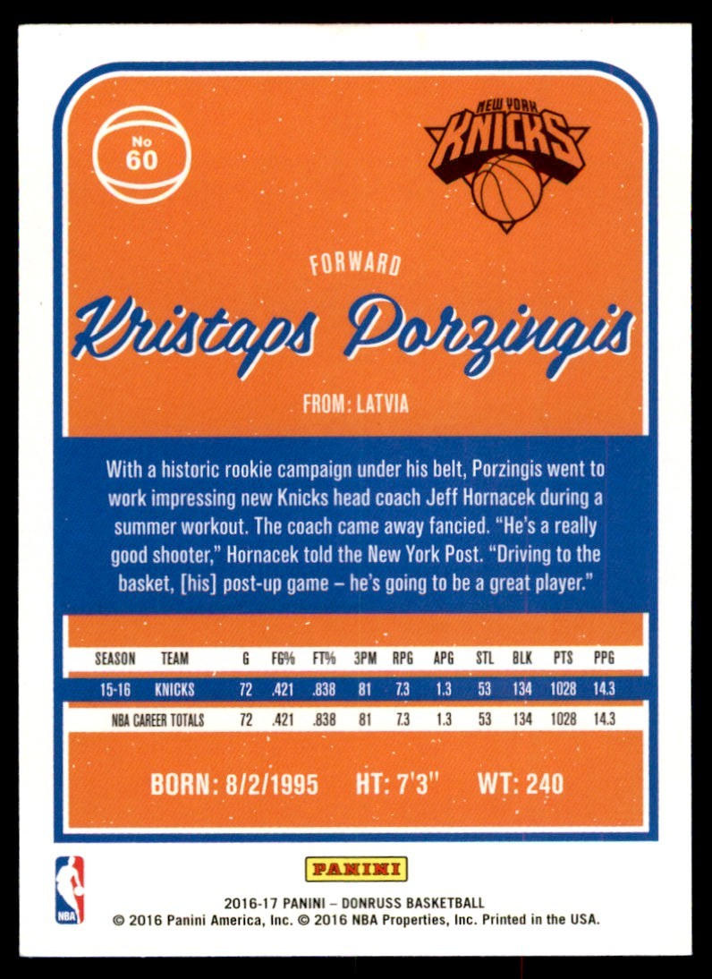 2016-17 Donruss Kristaps Porzingis Basketball Cards #60