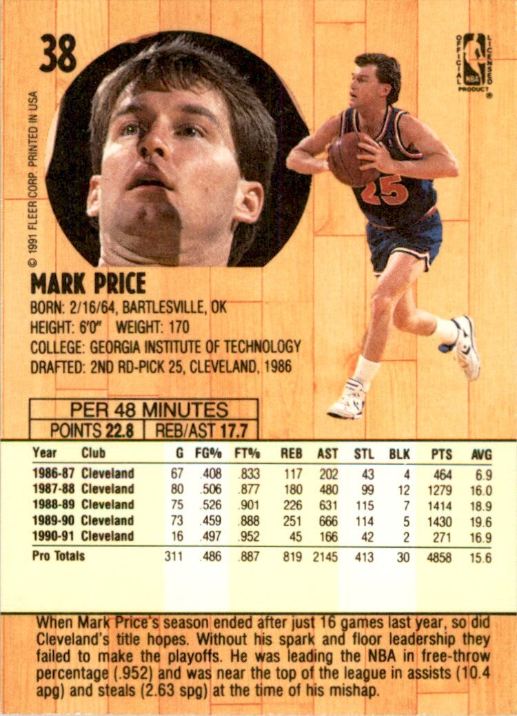 1991-92 Fleer Mark Price . Cleveland Cavaliers #38