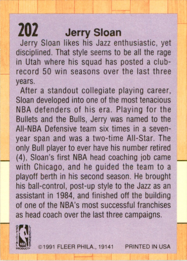 1991-92 Fleer Jerry Sloan . Utah Jazz #202