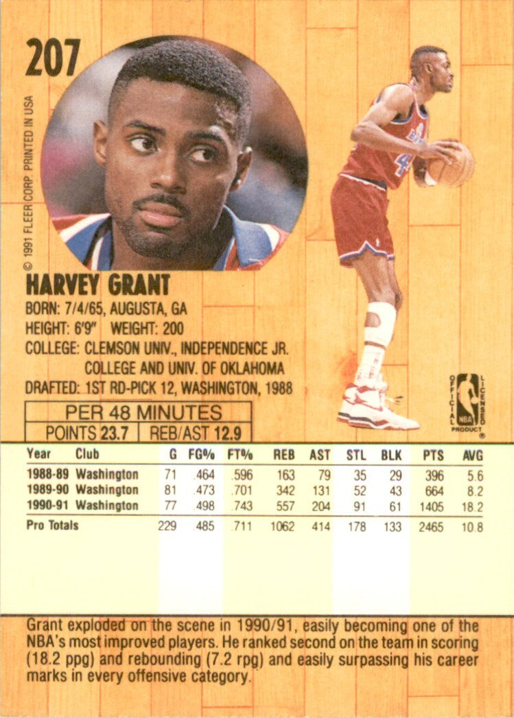 1991-92 Fleer Harvey Grant . Washington Bullets #207