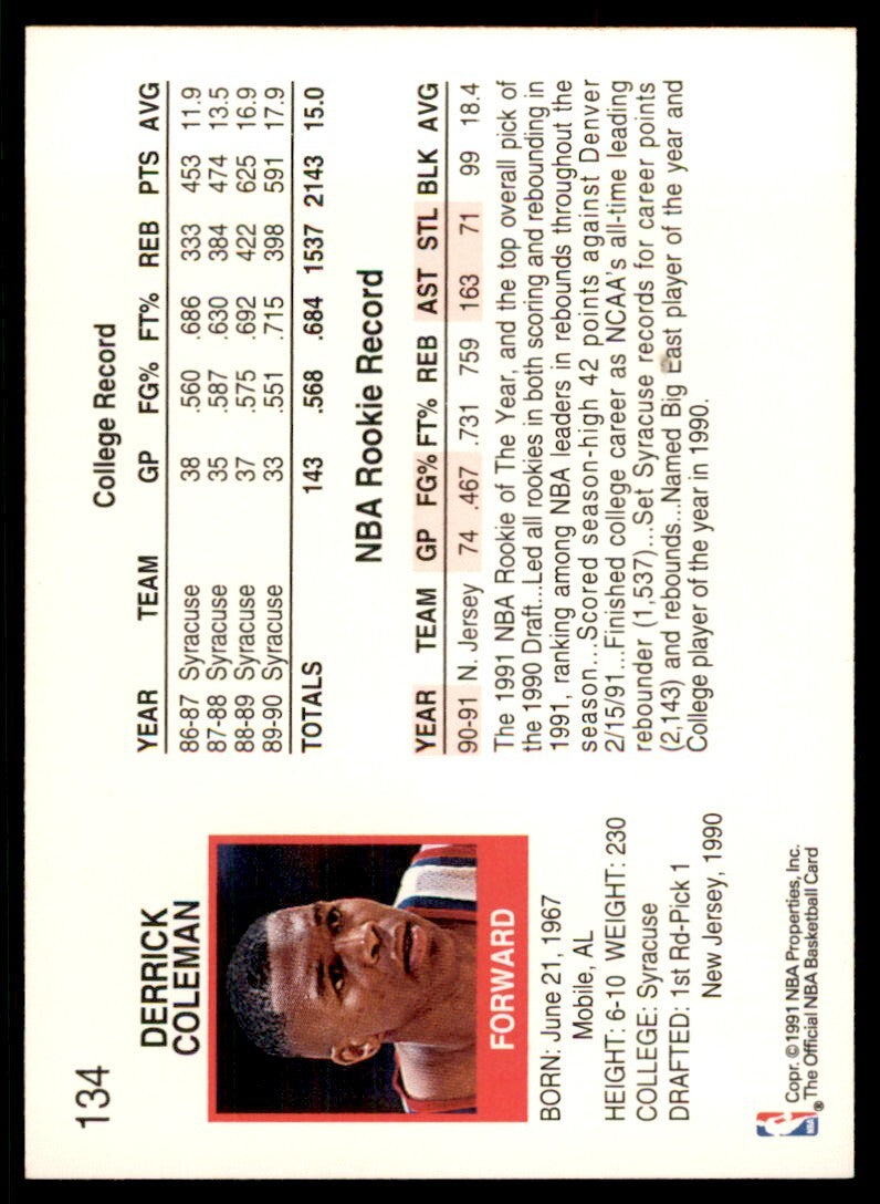 1991-92 NBA Hoops Derrick Coleman . New Jersey Nets #134