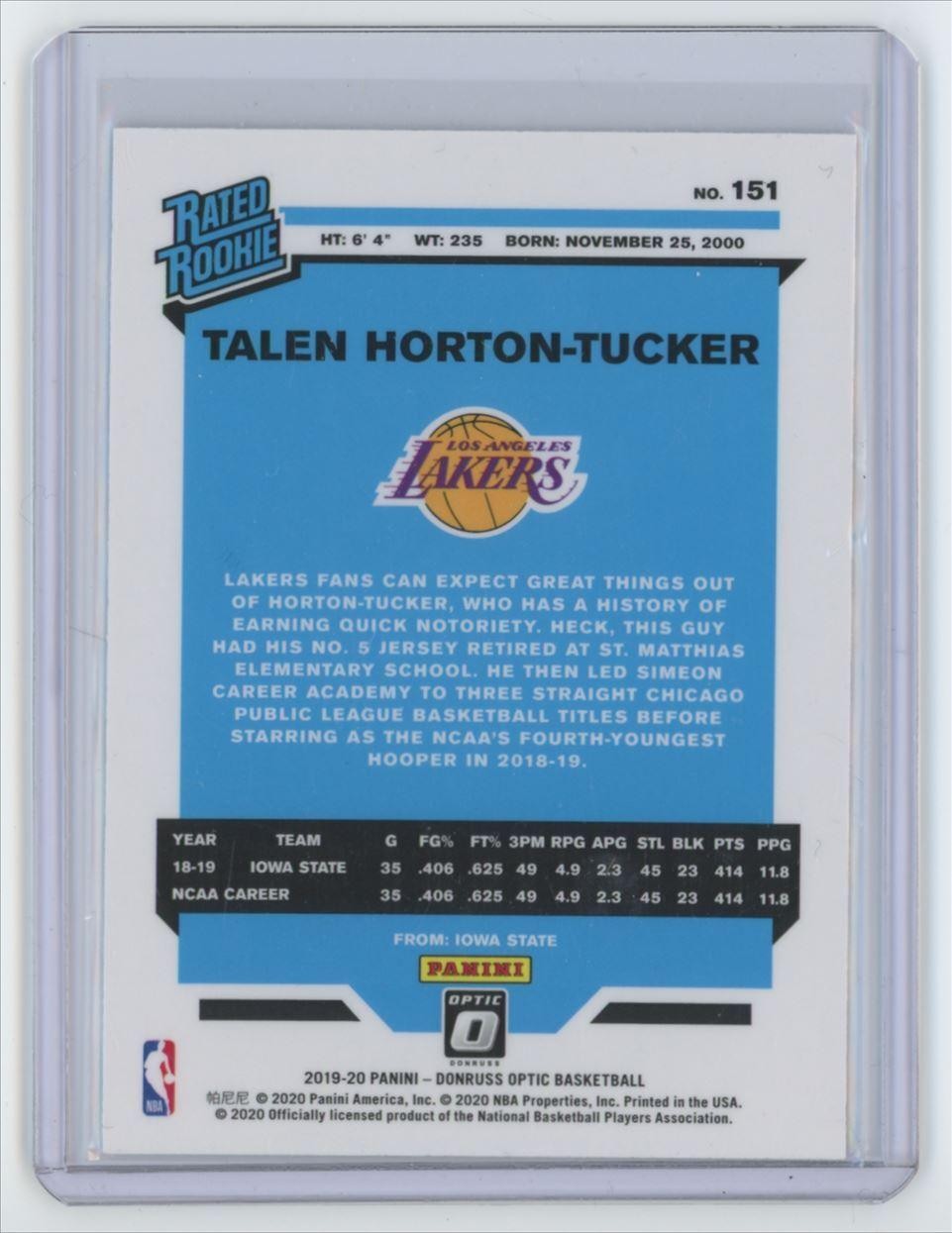 2019-20 DONRUSS OPTIC TALEN HORTON-TUCKER ROOKIE . LOS ANGELES LAKERS #151
