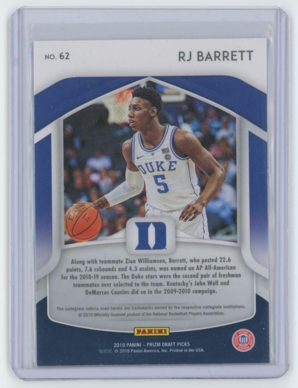 2019-20 PANINI PRIZM DRAFT PICKS RJ BARRETT . DUKE BLUE DEVILS #62
