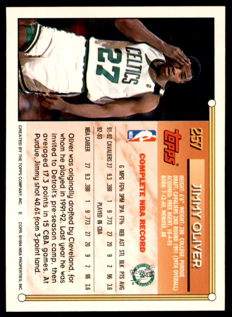 1993-94 Topps Jimmy Oliver . Boston Celtics #257