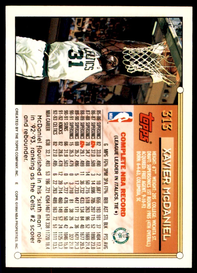 1993-94 Topps Xavier McDaniel . Boston Celtics #313