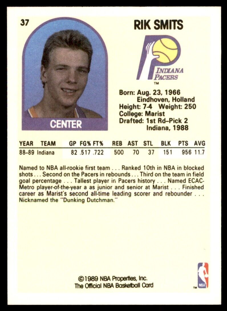1989-90 Hoops Rik Smits Rookie . Indiana Pacers #37