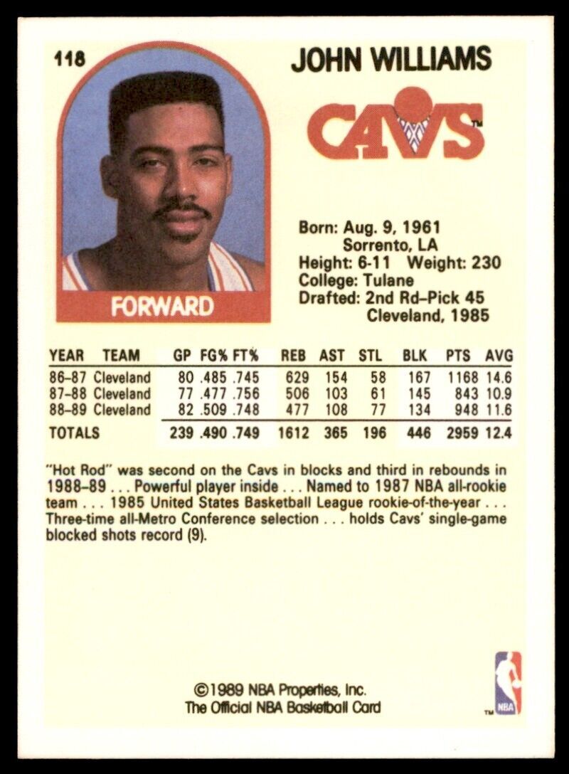 1989-90 Hoops John Williams . Cleveland Cavaliers #118