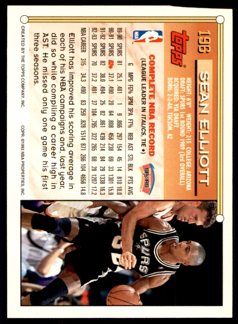 1993-94 Topps Sean Elliott . San Antonio Spurs #196