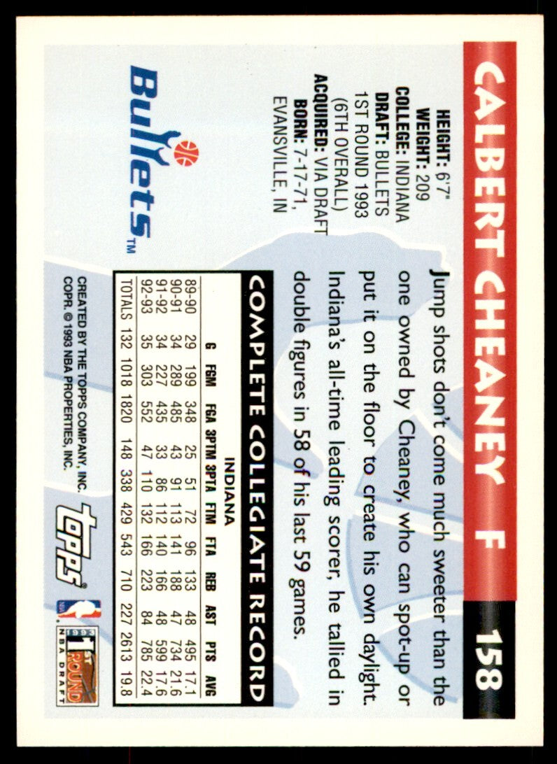 1993-94 Topps Calbert Cheaney Rookie . Washington Bullets #158