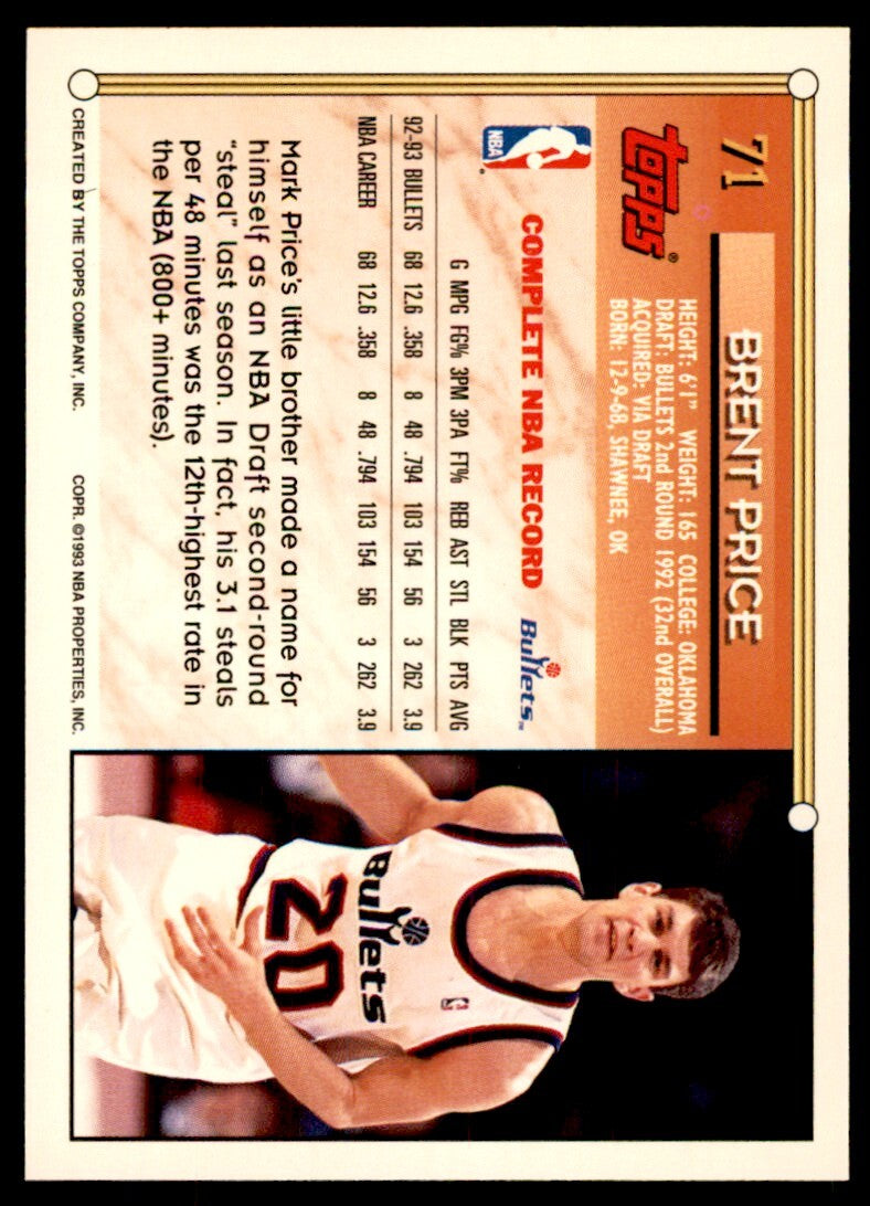 1993-94 Topps Brent Price . Washington Bullets #71