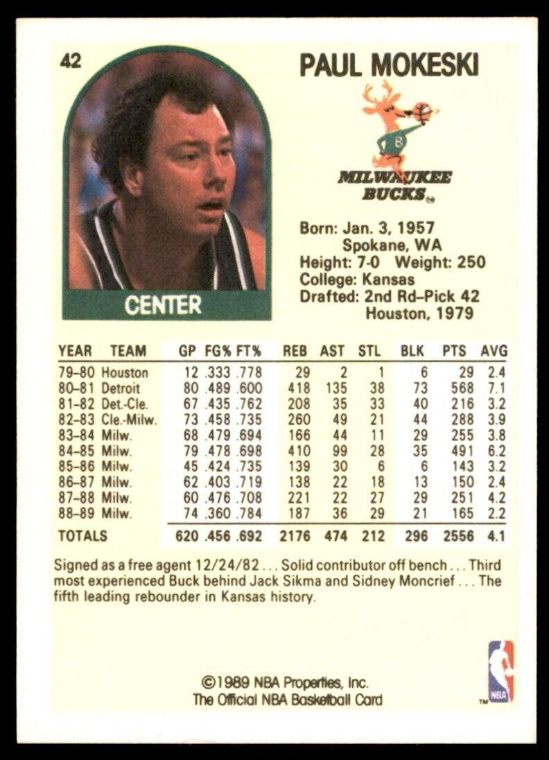 1989-90 Hoops Paul Mokeski . Milwaukee Bucks #42