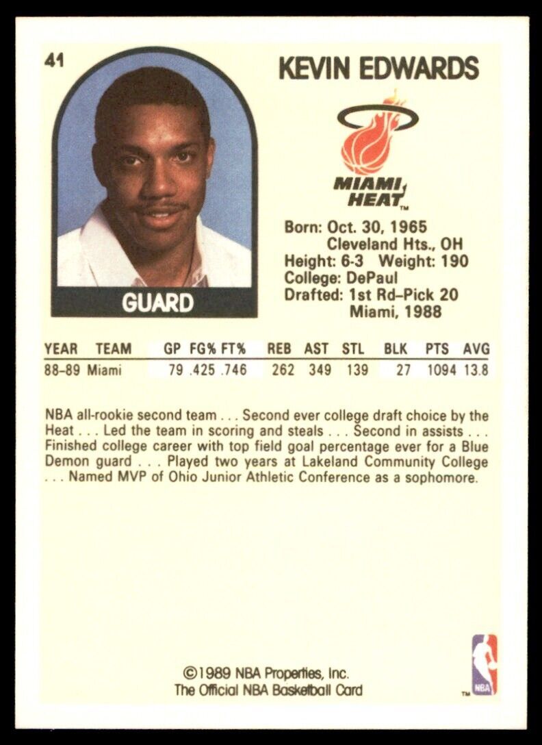 1989-90 Hoops Kevin Edwards Rookie . Miami Heat #41