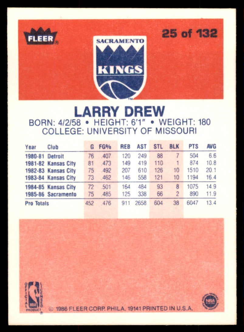 1986-87 FLEER LARRY DREW ROOKIE . SACRAMENTO KINGS #25
