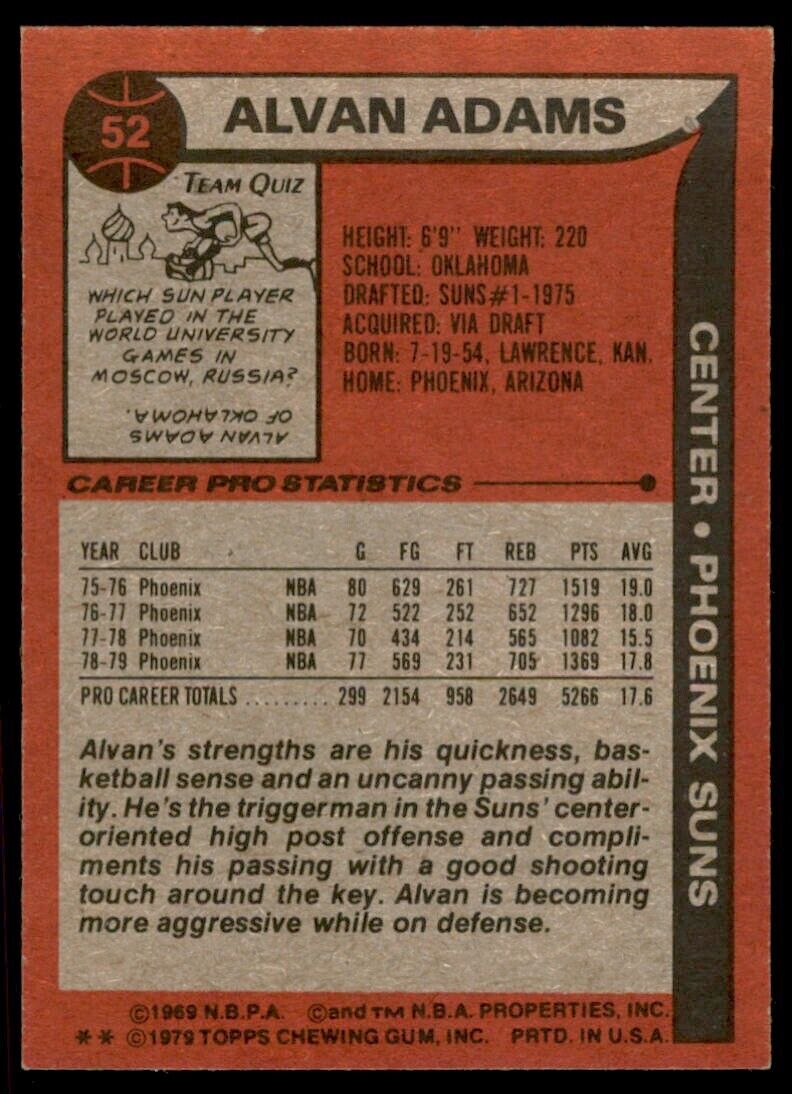 1979-80 TOPPS ALVAN ADAMS. PHOENIX SUNS #52