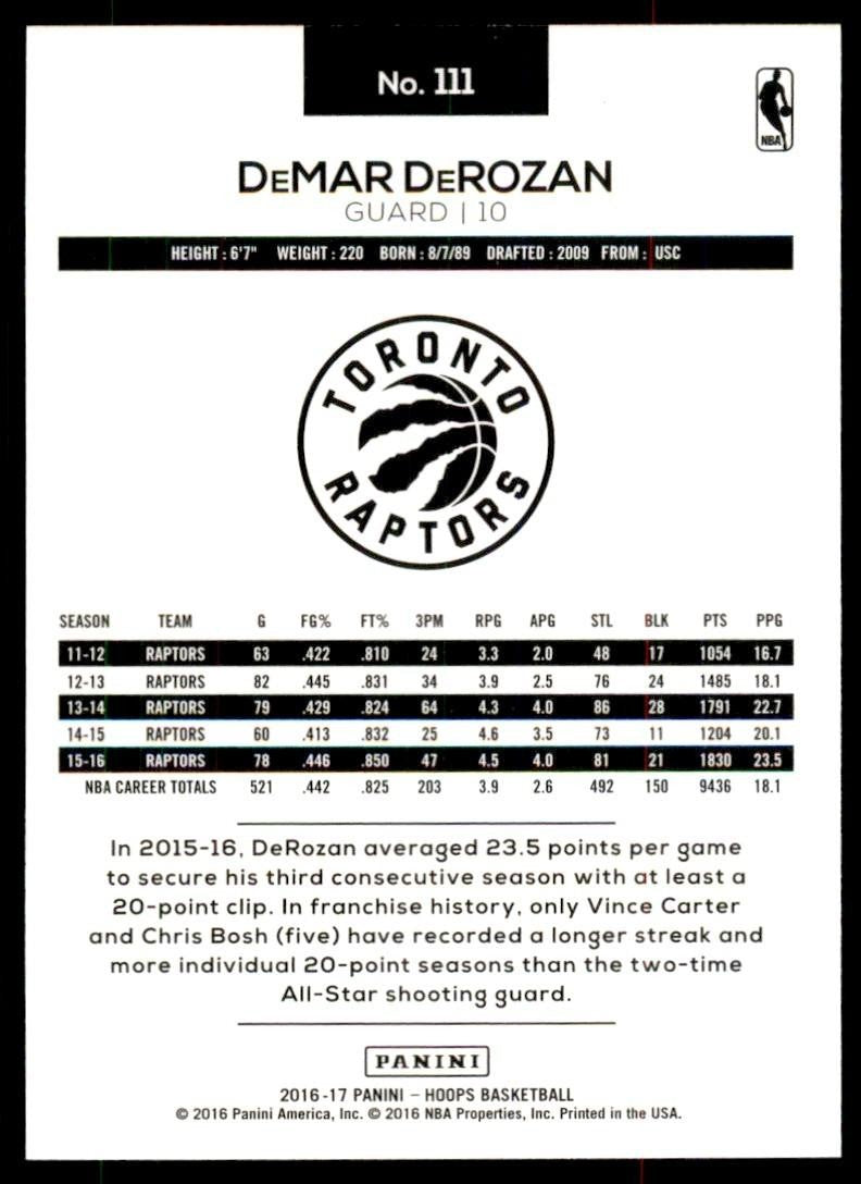 2016-17 Panini NBA Hoops DeMar DeRozan Basketball Cards #111
