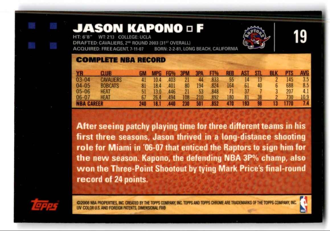 2007-08 Topps Chrome Jason Kapono Basketball Cards #19