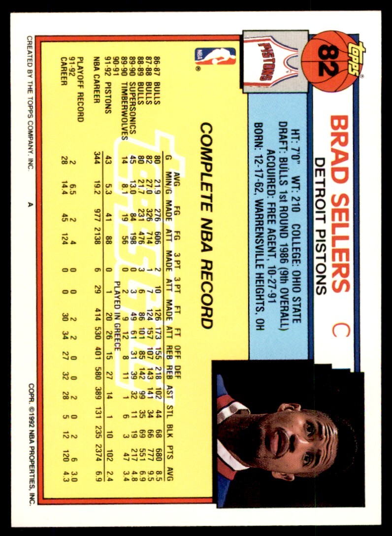 1992-93 Topps Gold Brad Sellers Detroit Pistons #82