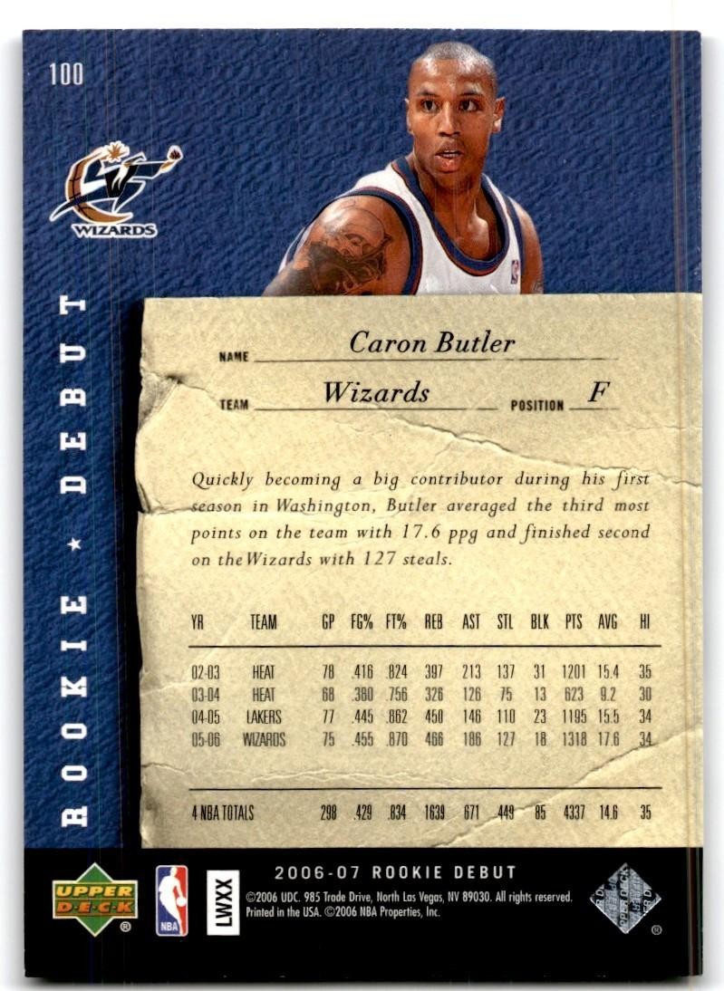 2006-07 Upper Deck Rookie Debut Caron Butler Basketball Cards #100