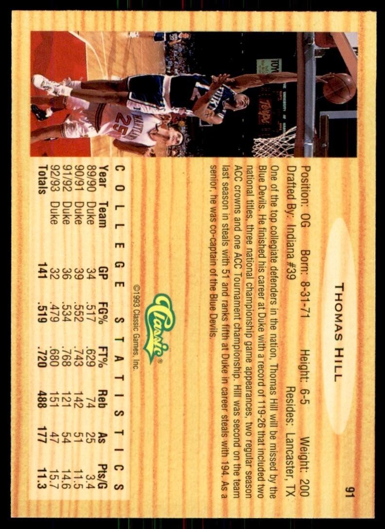1993-94 Classic Draft Picks Thomas Hill #91