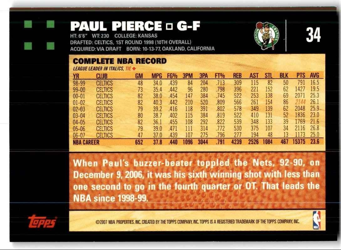 2007-08 Topps. Paul Pierce  Basketball Cards #34