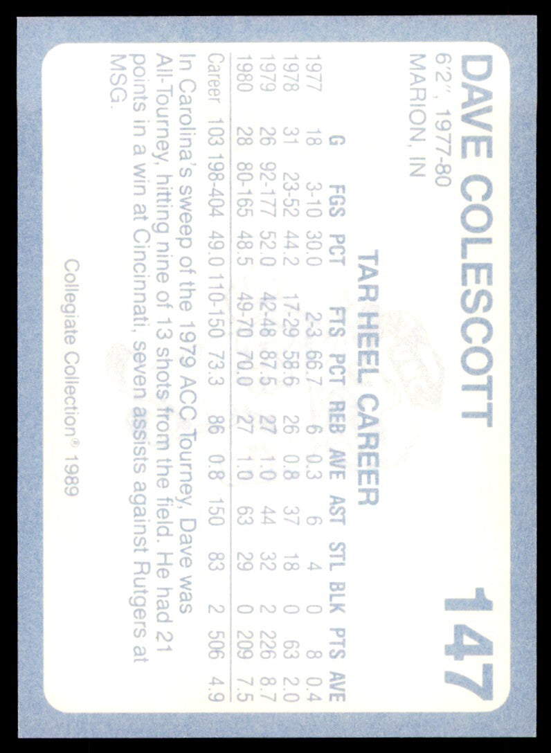 1989-90 Collegiate Collection Dave Colescott North Carolina Tar Heels #147