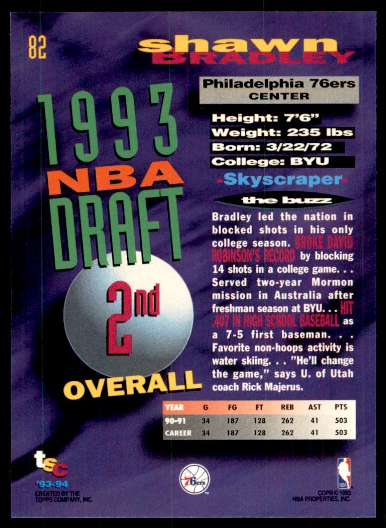 1993-94 Stadium Club Shawn Bradley. Philadelphia 76ers #82