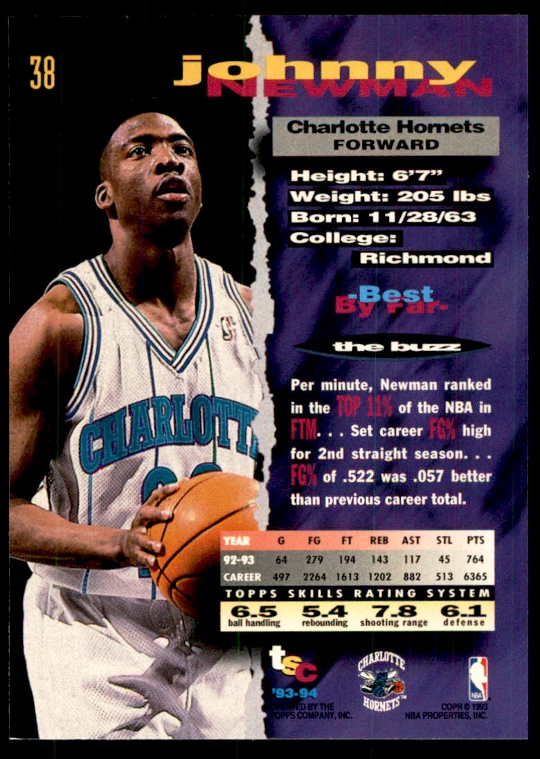 1993-94 Stadium Club Johnny Newman Charlotte Hornets #38
