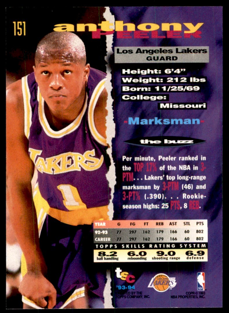 1993-94 Stadium Club Anthony Peeler Los Angeles Lakers #151
