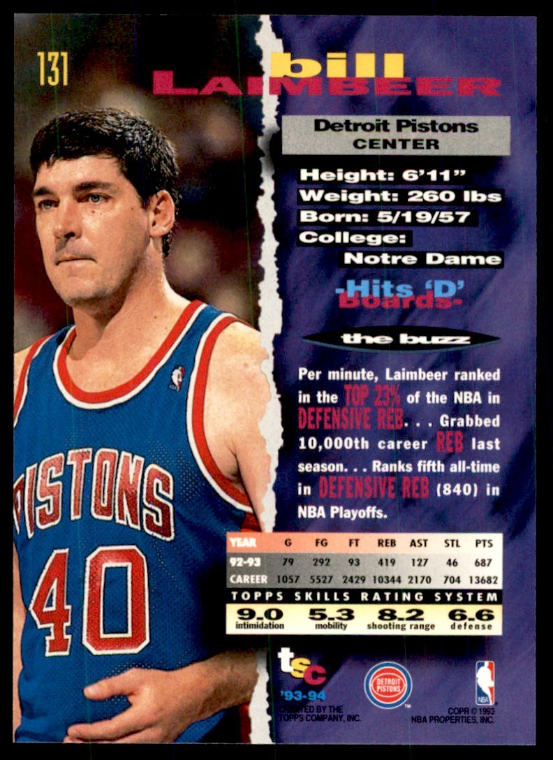 1993-94 Stadium Club Bill Laimbeer Detroit Pistons #131