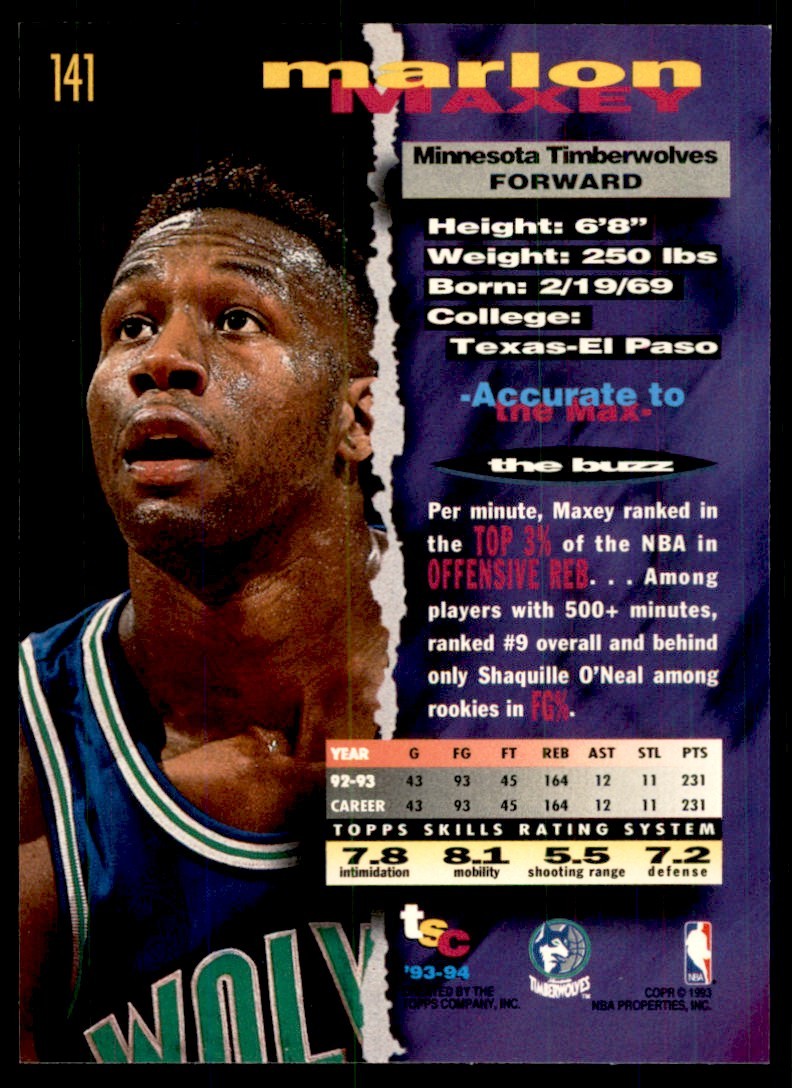 1993-94 Stadium Club Marlon Maxey Minnesota Timberwolves #141