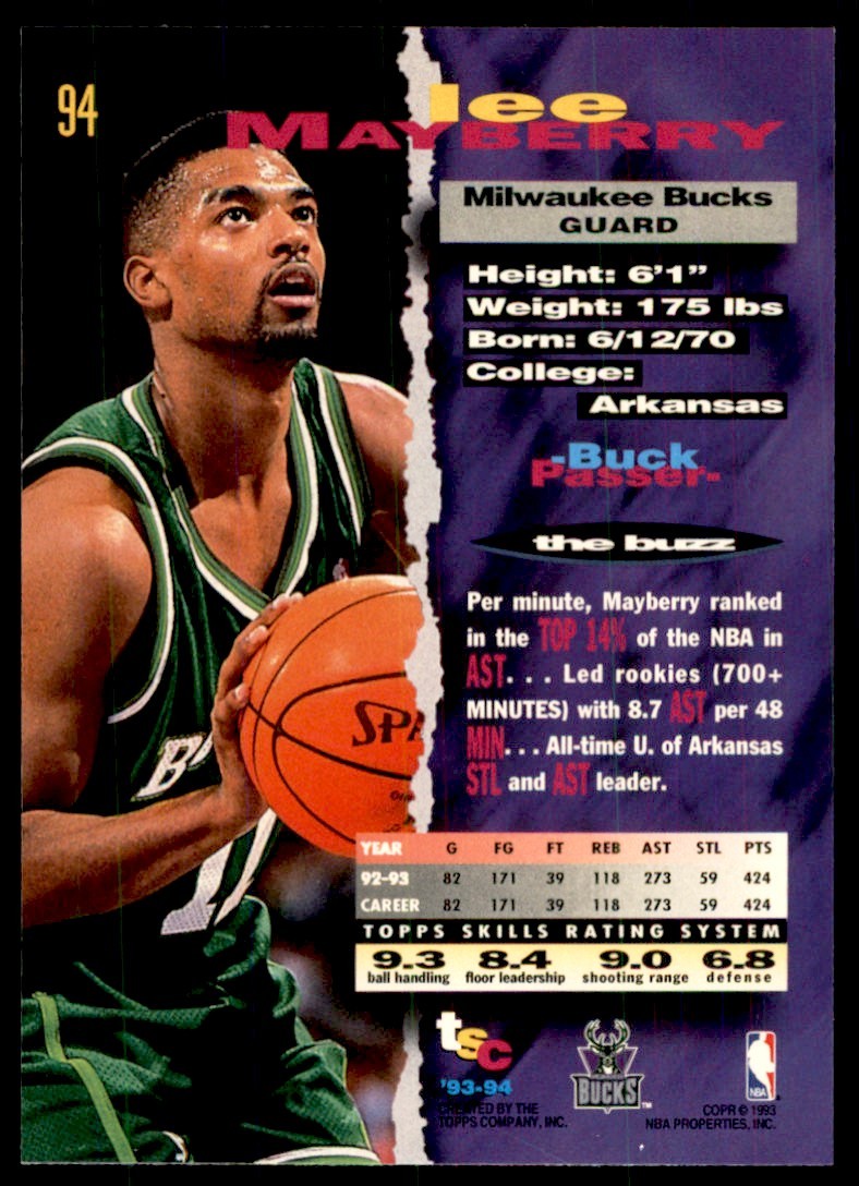 1993-94 Stadium Club Lee Mayberry Milwaukee Bucks #94