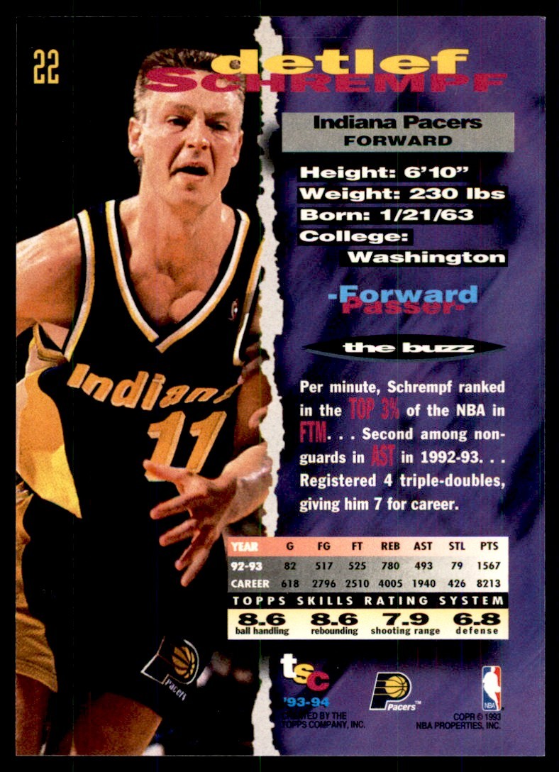 1993-94 Stadium Club Detlef Schrempf Indiana Pacers #22