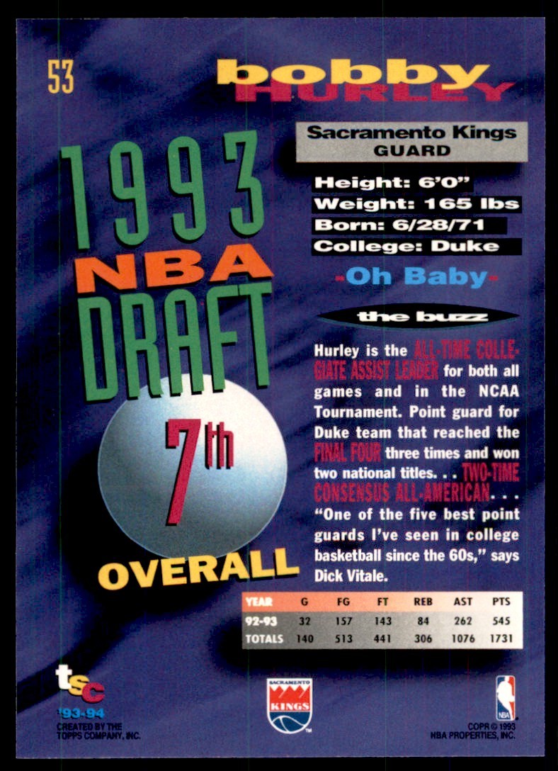 1993-94 Stadium Club Bobby Hurley. Sacramento Kings #53