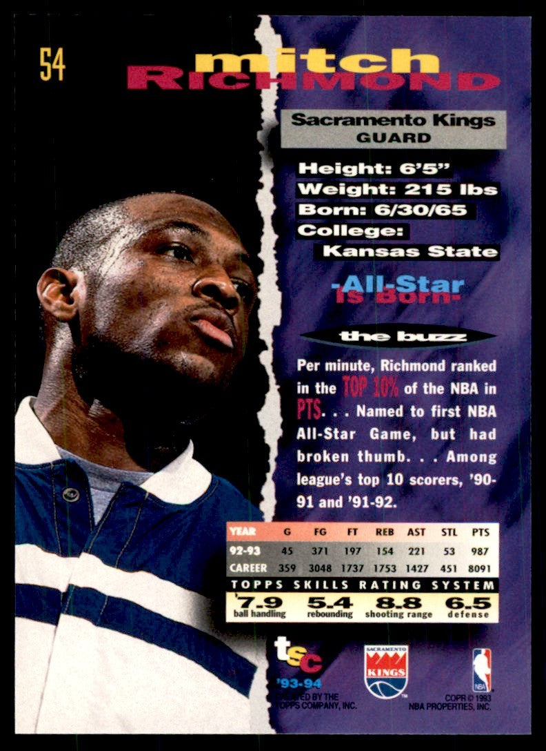 1993-94 Stadium Club Mitch Richmond Sacramento Kings #54