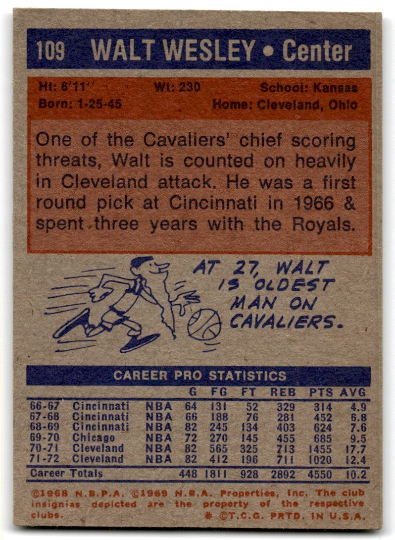 1972-73 Topps Walt Wesley Basketball Cards #109