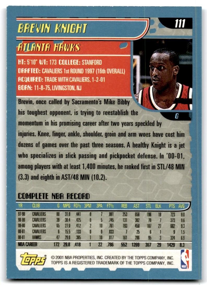 2001-02 Topps Brevin Knight Basketball Cards #111