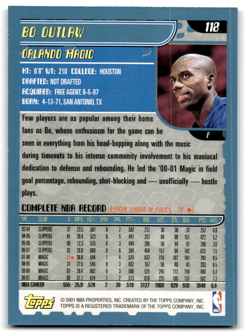 2001-02 Topps Bo Outlaw A Basketball Cards #118