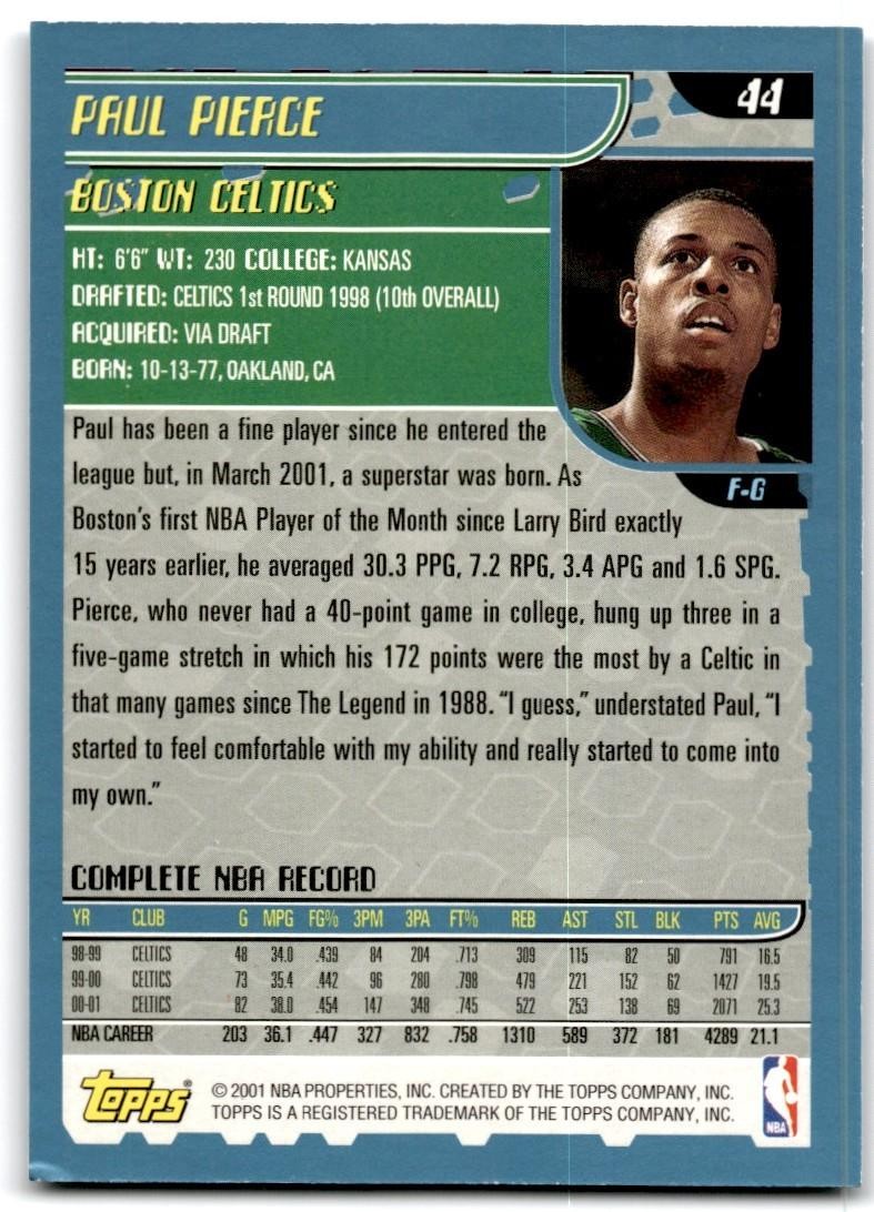 2001-02 Topps Paul Pierce A Basketball Cards #44