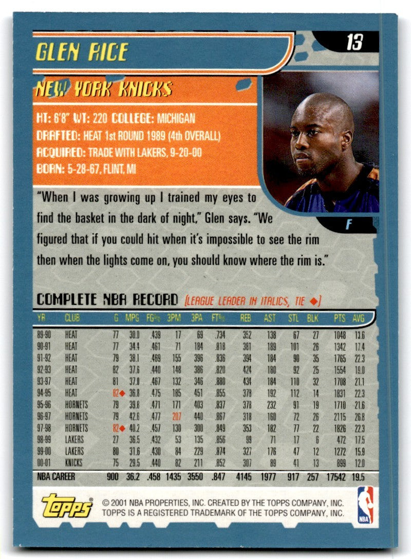 2001-02 Topps Glen Rice Basketball Cards #13