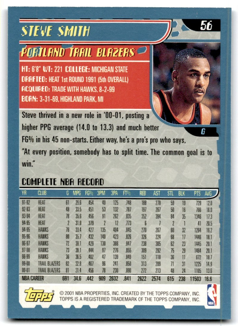 2001-02 Topps Steve Smith Basketball Cards #56