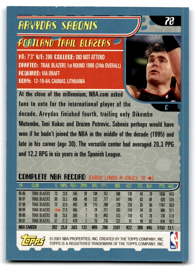 2001-02 Topps Arvydas Sabonis A Basketball Cards #78