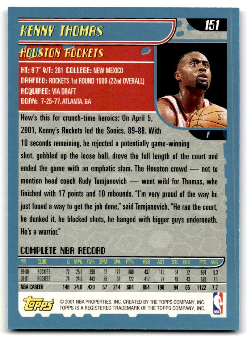 2001-02 Topps Kenny Thomas Basketball Cards #151