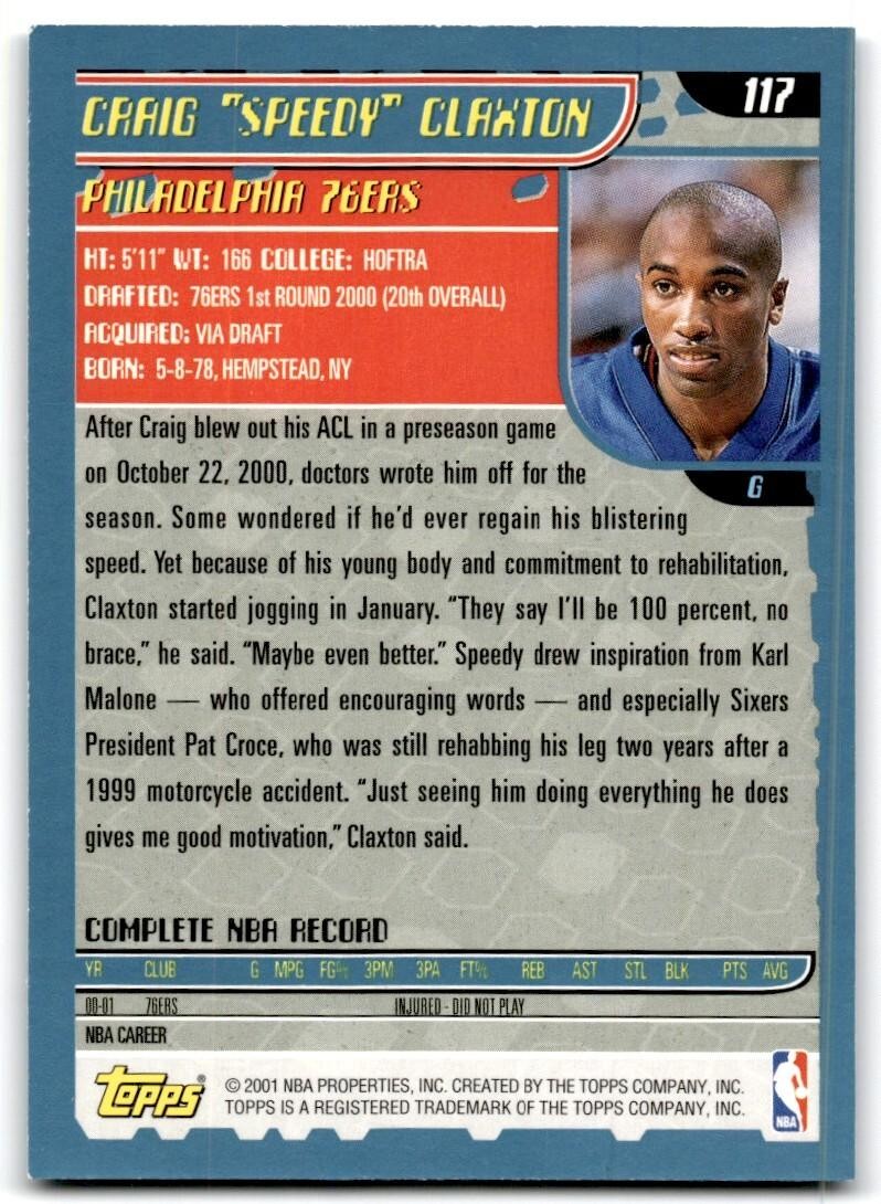 2001-02 Topps Craig Speedy Claxton A Basketball Cards #117