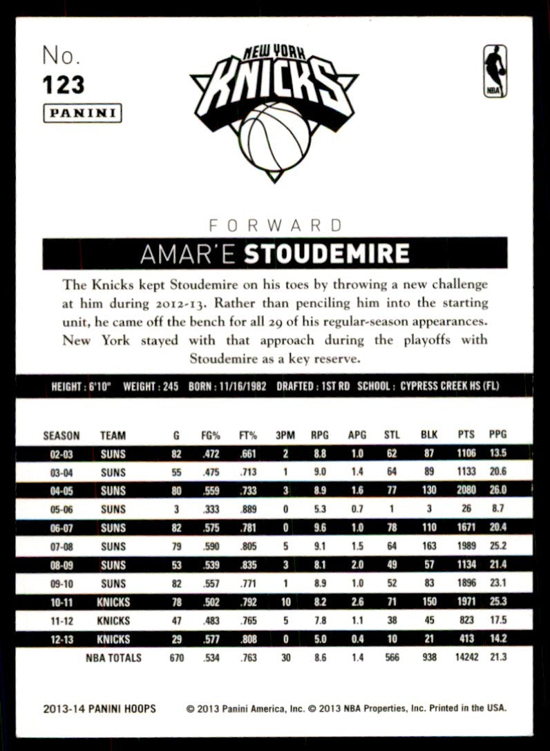2013-14 NBA Hoops Amare Stoudemire New York Knicks #123
