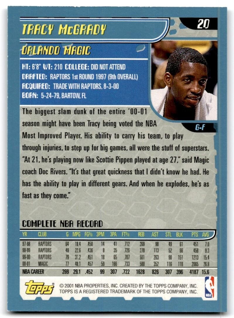 2001-02 Topps Tracy McGrady Basketball Cards #20