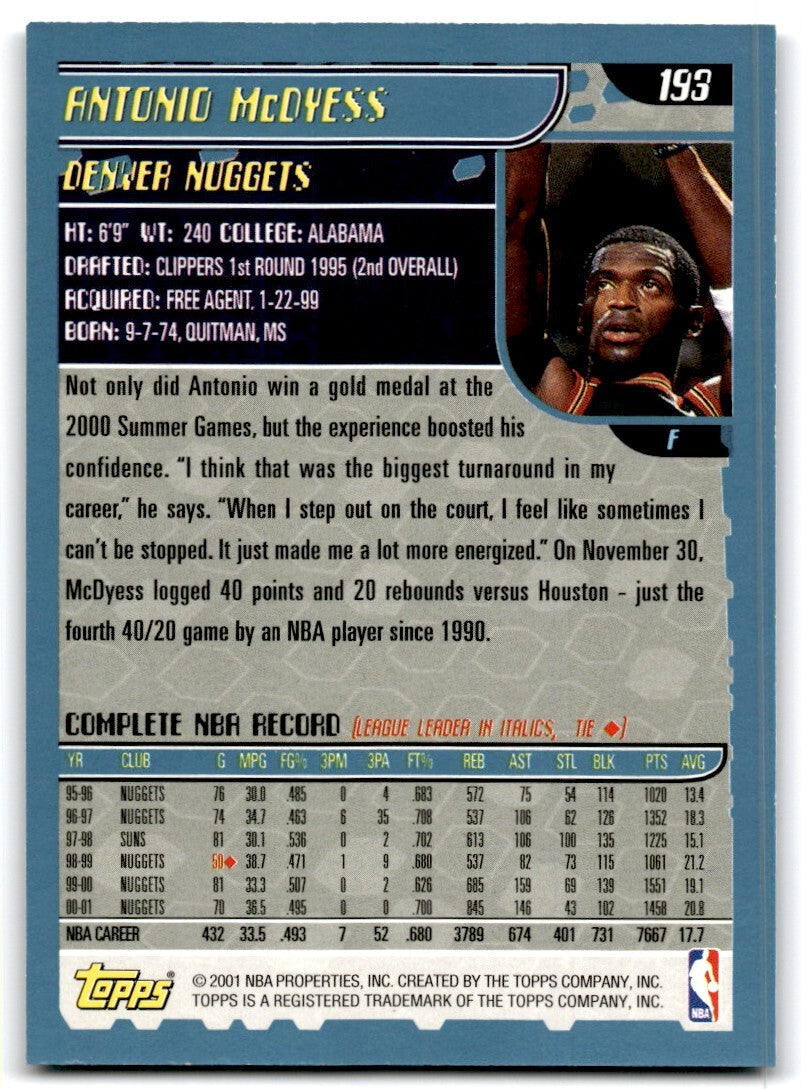2001-02 Topps Antonio McDyess A Basketball Cards #193