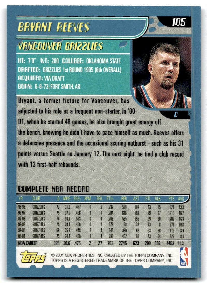 2001-02 Topps Bryant Reeves A Basketball Cards #105