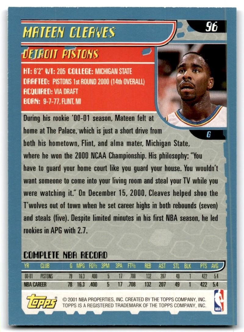 2001-02 Topps Mateen Cleaves A Basketball Cards #96
